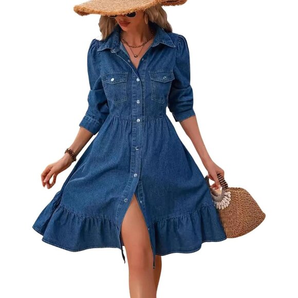 Dresses & Skirts - Women's Denim Dress Midi Long Puff Sleeve Button Down Casual Vacation Style